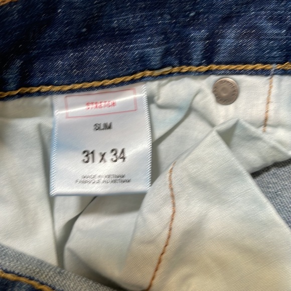 NEW MENS EXPRESS BLUE JEANS WITH STRETCH SLIM SIZE 31”X34” DISTRESSED PATCHES - Picture 6 of 9